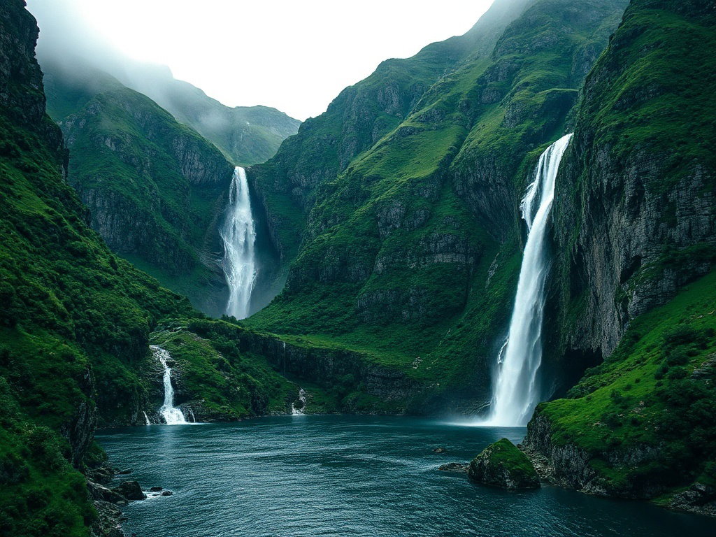 Geirangerfjord con la cascada de las Siete Hermanas cayendo entre acantilados verdes