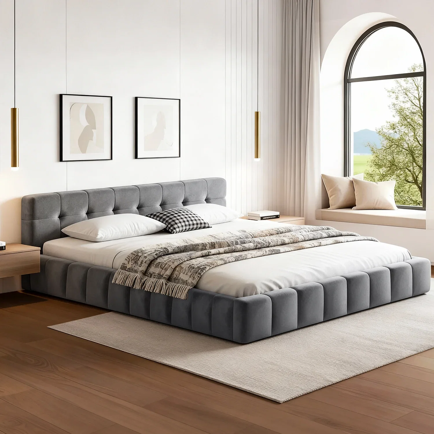 Queen Size Bed Frame Plush Soft Headboard Velvet Platform Base for Modern Bedrooms Grey
