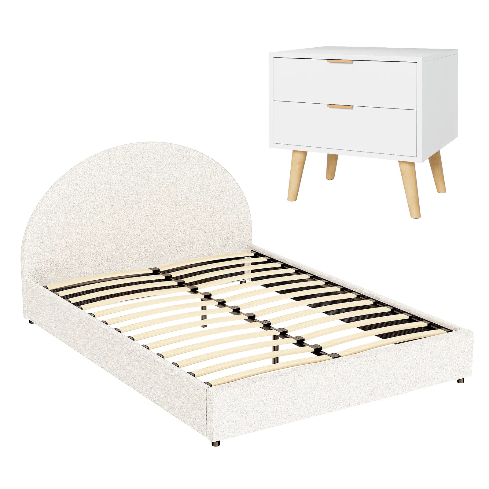 Queen Bed Frame Bedside Table Set Gas Lift Storage Base with Boucle Fabric Upholstered Headboard 2 Drawer Nightstand for Bedroom Furniture