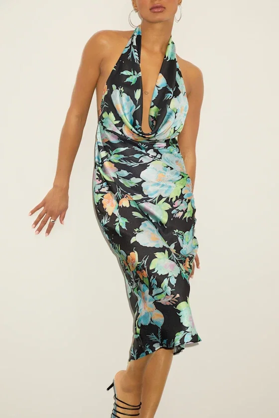 Image of Nuliana Black Multi Floral Satin Backless Midi Dress