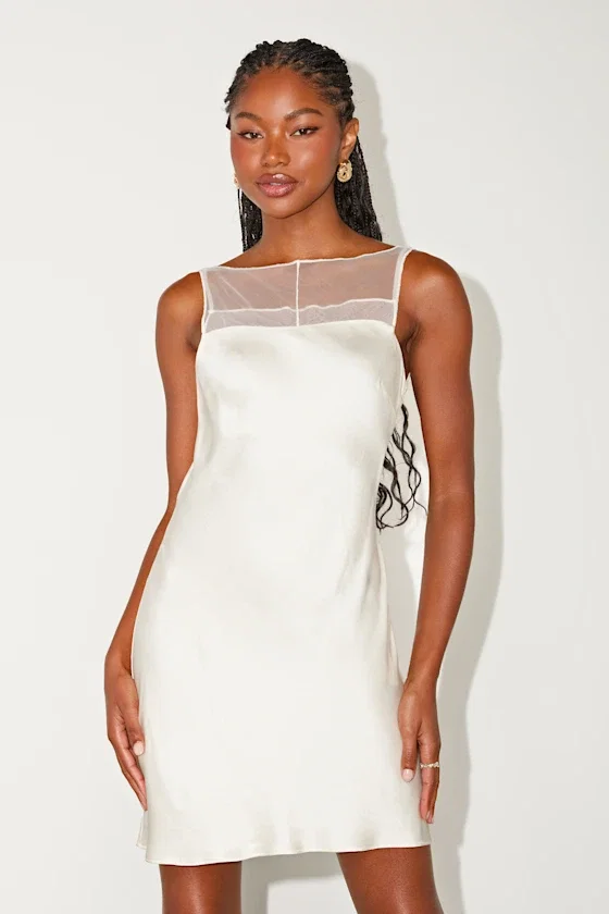 Image of Ilhanna Ivory Satin Boat Neck Shift Mini Dress