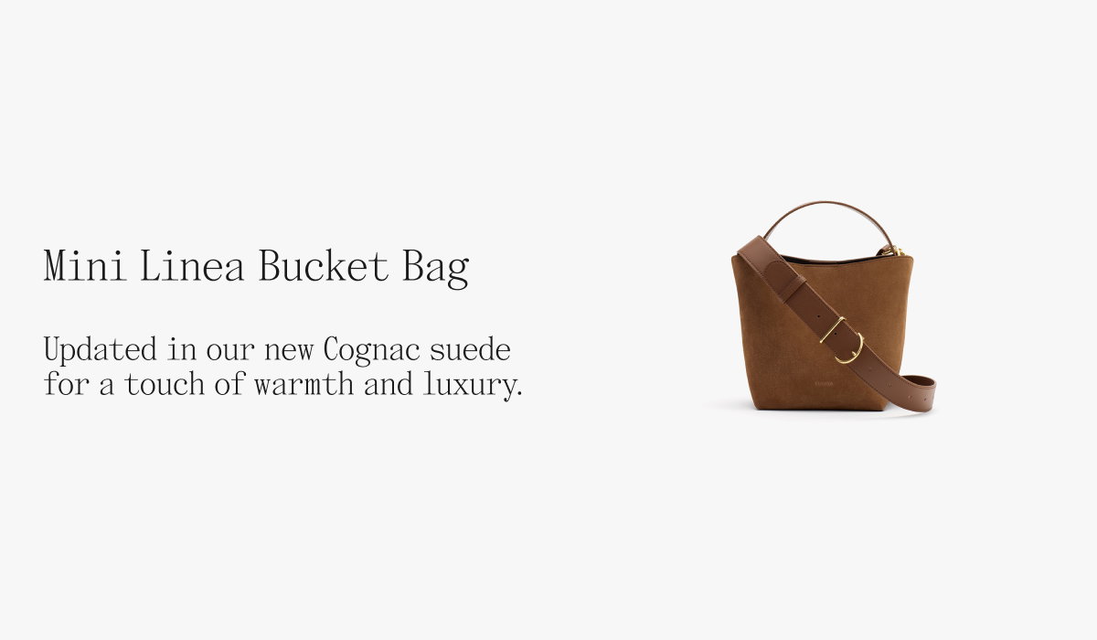 Mini Linea Bucket Bag Updated in our new Cognac suede for a touch of warmth and luxury.