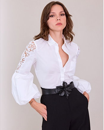 White Balloon Sleeve Shirt With Intricate Floral Embroidery