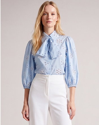 Sky Blue Eyelet Cotton Shirt with Puff Sleeves