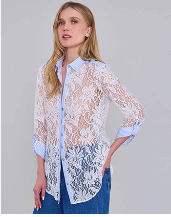 White Longline Lace Shirt with Striped Poplin Detail