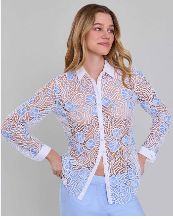 White Floral Eyelet Shirt With French Cuffs