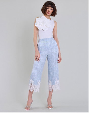 Blue Tweed Pants with Lace Hem