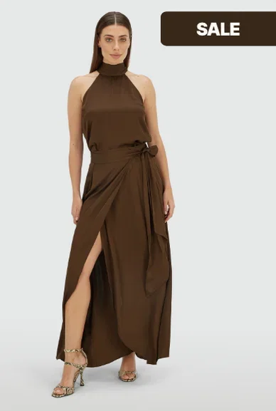 JV-YAMICIA overslag maxi rok in satijn look - brown