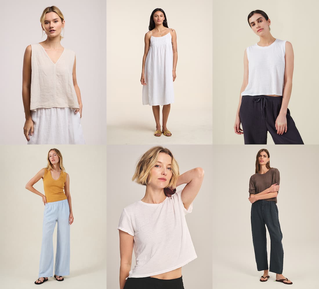 Image shows a model wearing the Renna Top in Cobble. Image shows a model wearing the Teresa Dress in White. Image shows a model wearing the Trinity Top in Sun. Image shows a model wearing the Stephanie Top in Billow. Image shows a model wearing the Casey Top in White. Image shows a model wearing the Taylor Pants in Shadow.