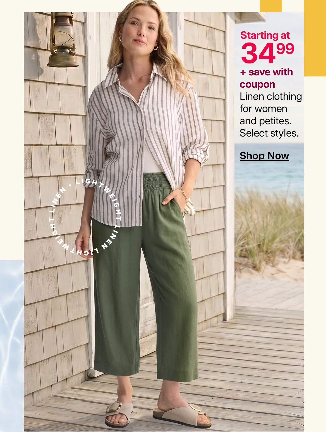 starting at $34.99 plus save with coupon linen clothing for women. 