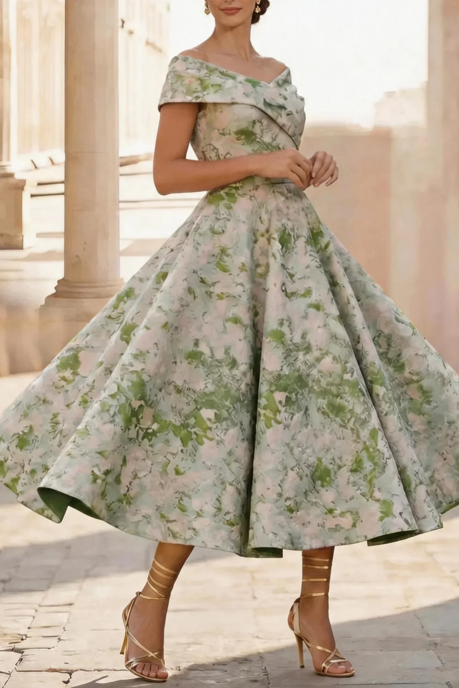 Image of A-Line Tea Length Jacquard Mother of the Bride Dress CM0464