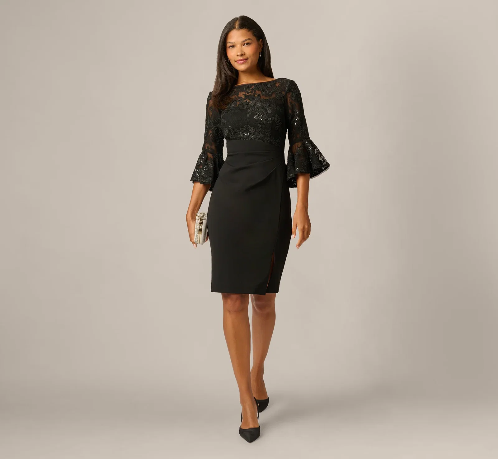 Image of Sequin Floral Lace Dress With Sheer Bell Sleeves In Black