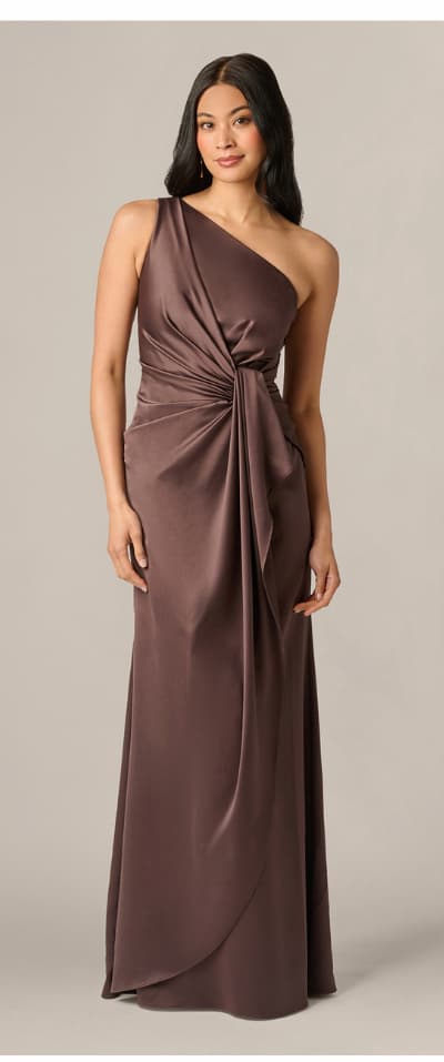 One Shoulder Draped Knot Waist Satin Gown In Dark Brown
