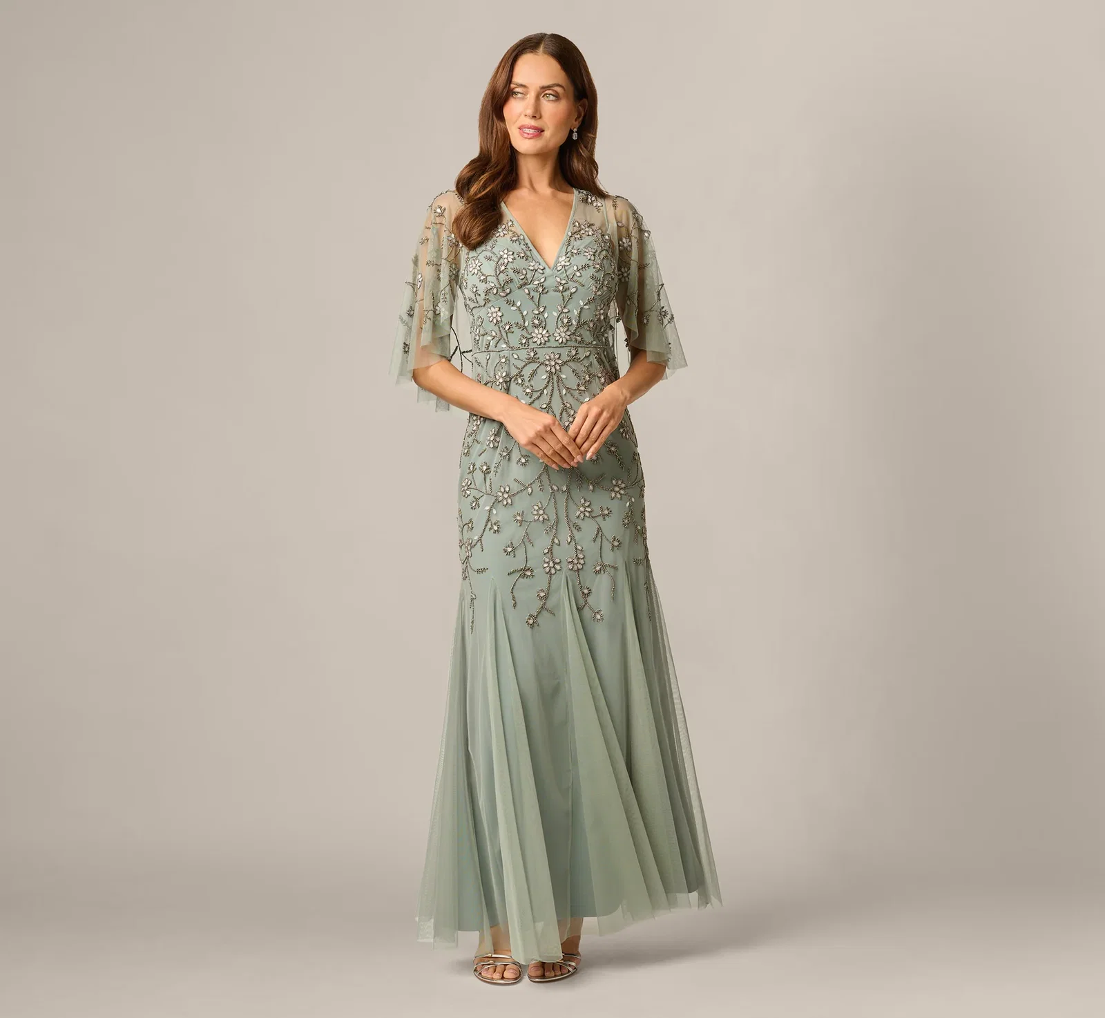 Image of Cape Sleeve Opaline Floral Beaded Mermaid Gown In Sage