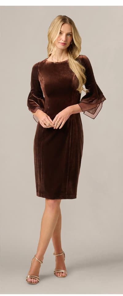 Velvet Sheath Dress With Tiered Three Quarter Sleeves In Dark Brown