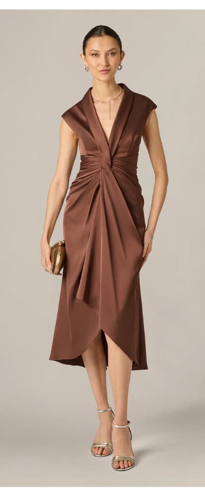 Twist Front Satin High Low Midi Dress In Espresso