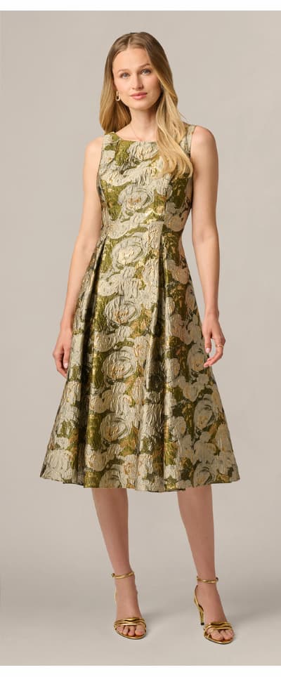 Floral Jacquard Fit And Flare Tea Length Dress In Olive Multi