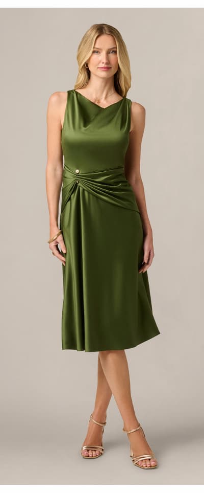 Satin Cowl Neck Draped Midi Dress In Olive Cypress