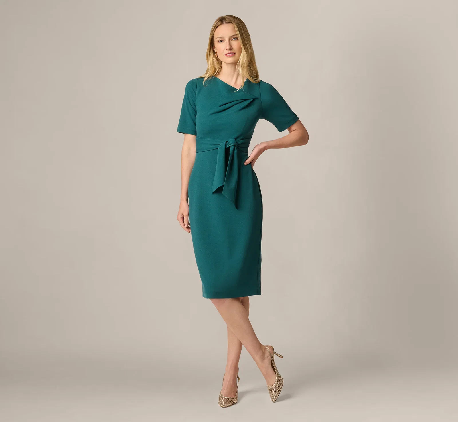 Image of Short Sleeve Asymmetrical Tie Front Stretch Sheath Dress In Hunter