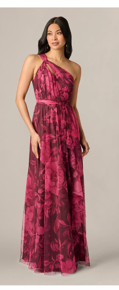 One Shoulder Twist Floral Tulle Gown In Burgundy Multi