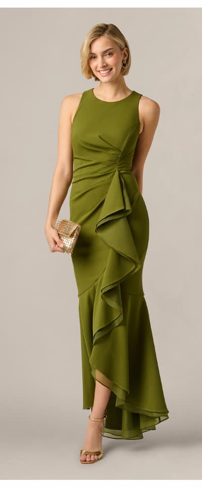 High Low Crepe Halter Gown With Organza Draping In Jungle Olive