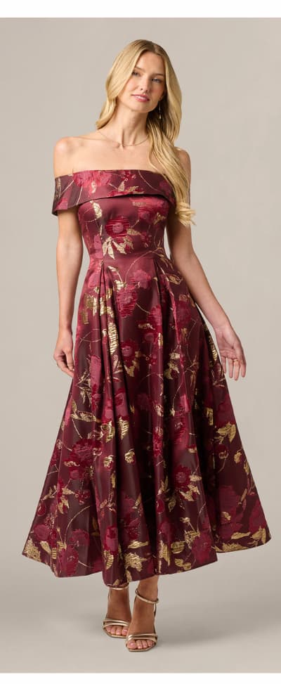 Off Shoulder Metallic Jacquard Midi Dress In Burgundy Gold