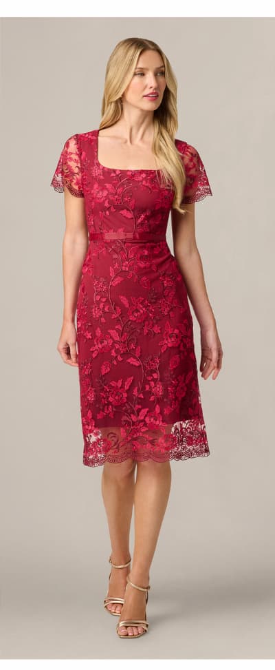 Short Sleeve Rose Floral Embroidered Sheath Dress In Burgundy Pink