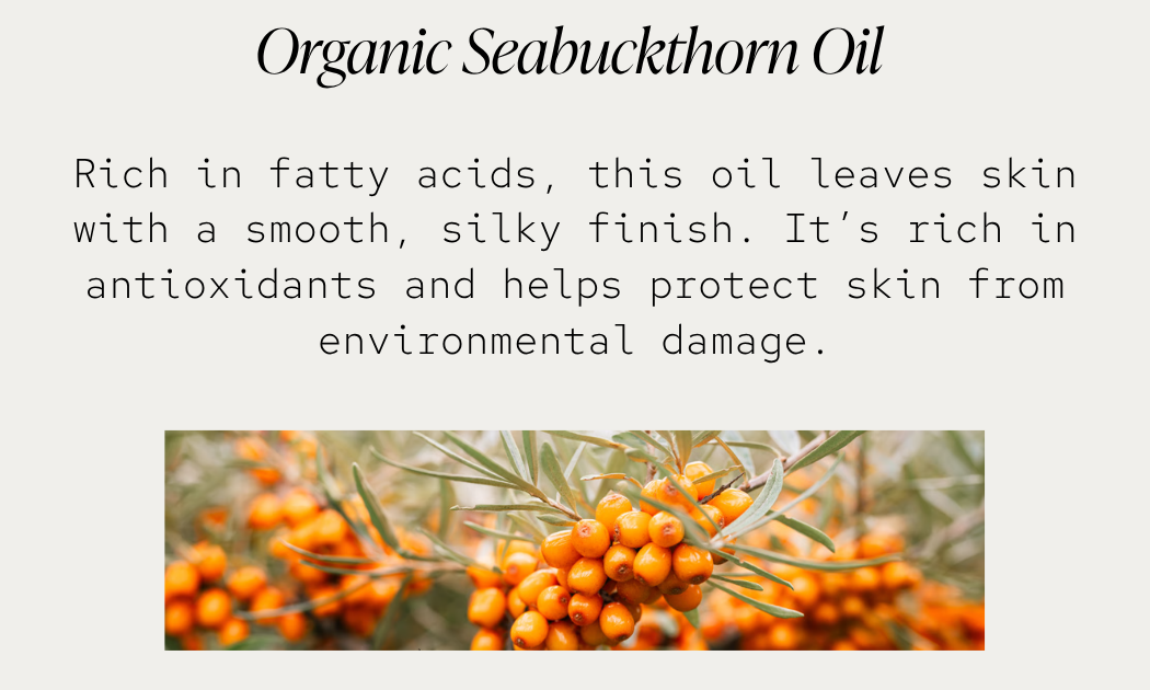 Organic Seabuckthorn Oil: Rich in fatty acids, this oil leaves skin with a smooth, silky finish. It’s rich in antioxidants and helps protect skin from environmental damage.