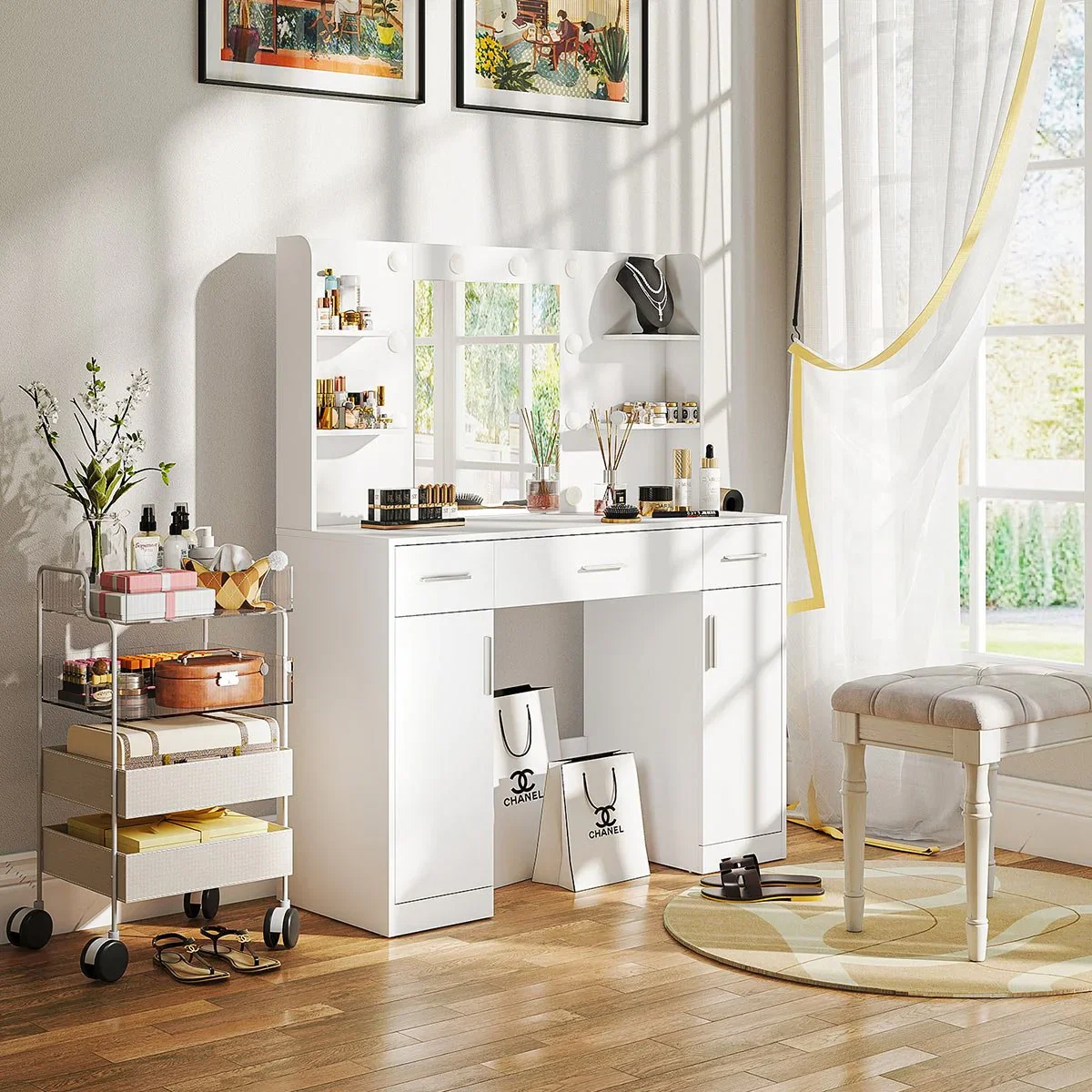Image of White Makeup Vanities Dressing table With  LED Mirror & 3 Drawers