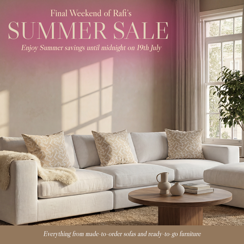 White sofa with sheepskin throw promoting the final weekend of raft's summer sale in pink writing 