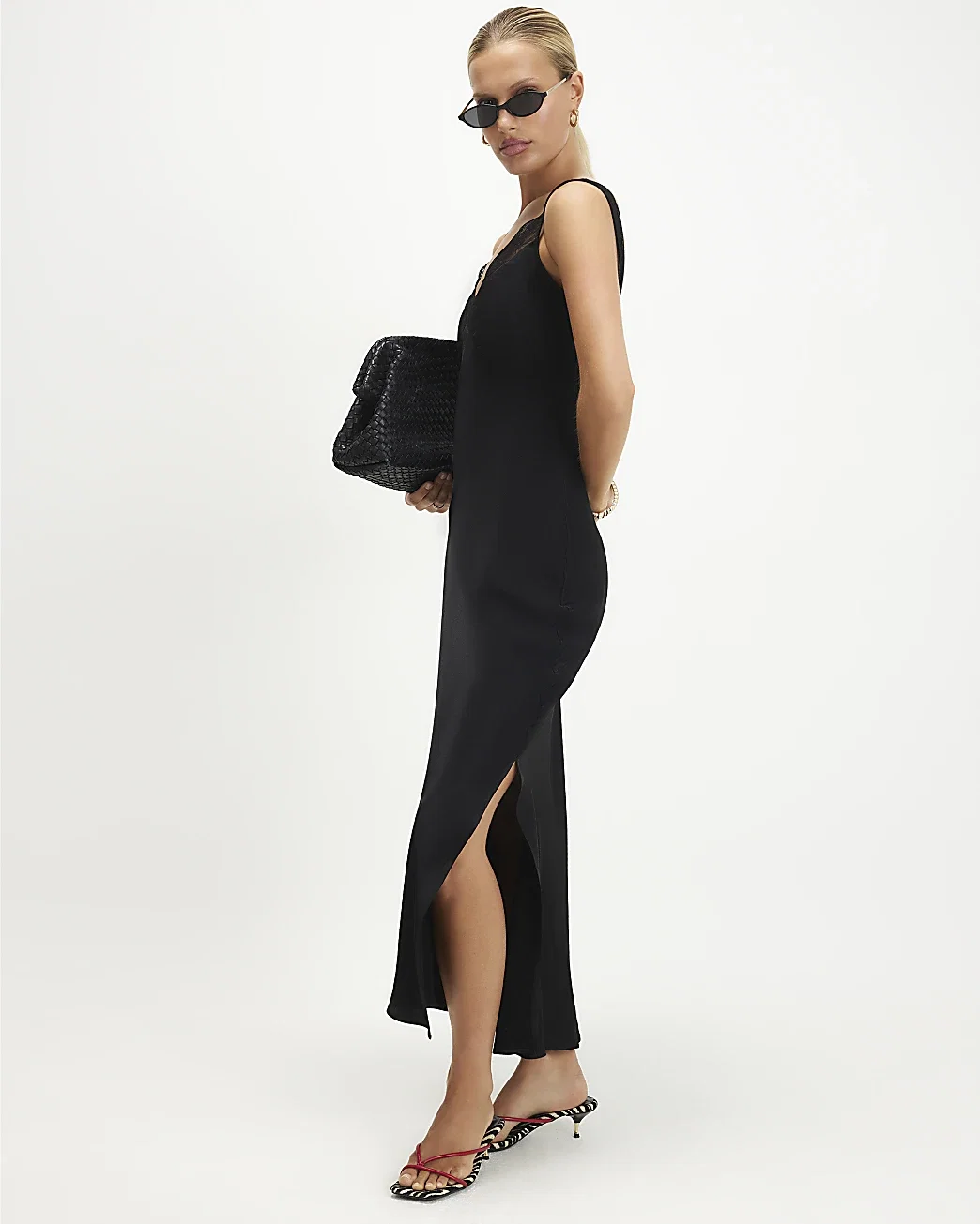 Womens Black Lace Trim Satin Midi Slip Dress