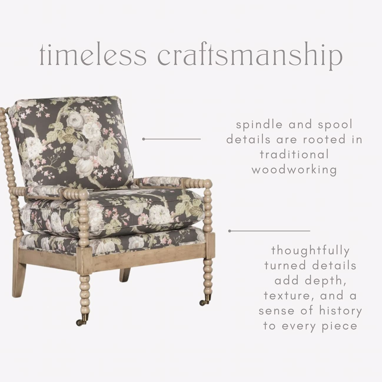 Spool chair with brown floral fabric