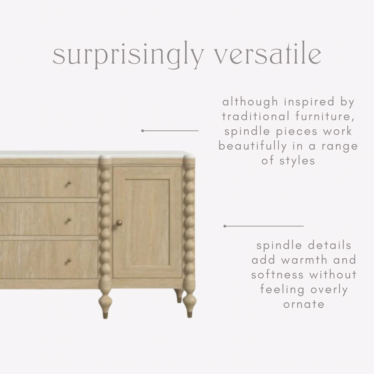 Light wood sideboard with spindle detailing.