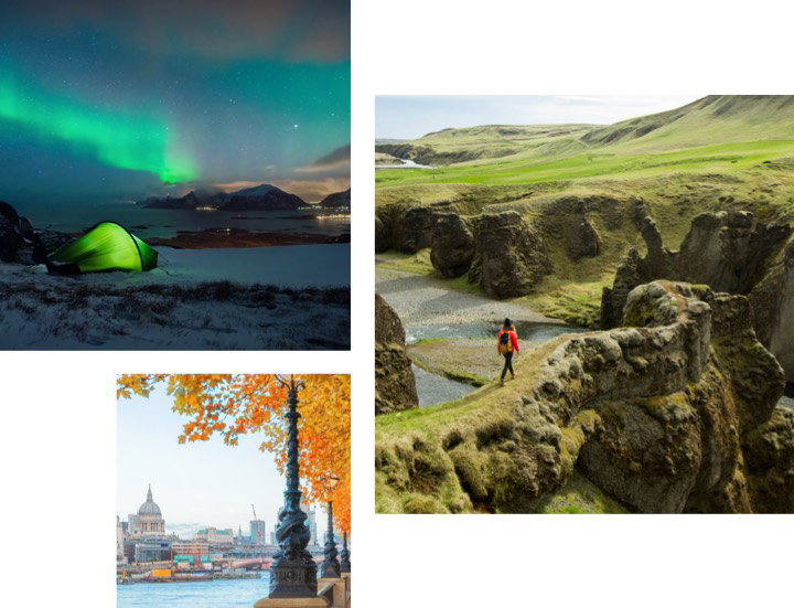 Collage: ammirare l’aurora boreale, un’escursione in mo‍ntagna e un panorama urbano incorniciato