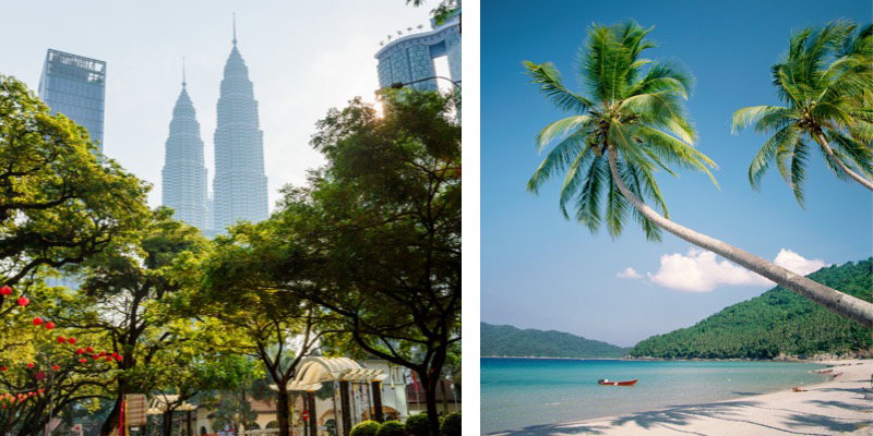 Sinistra: una vista delle Torri Petronas a Kuala Lumpur; destra: palme che si protendono sulle acque azzurre.