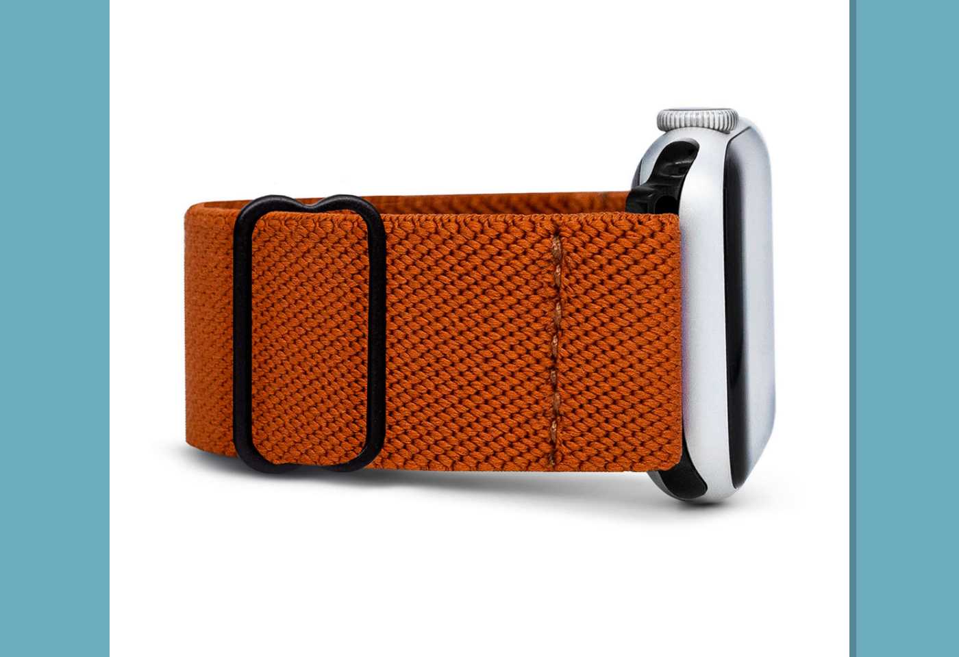 Close-up of an orange Braxley Earth band on an Apple Watch.