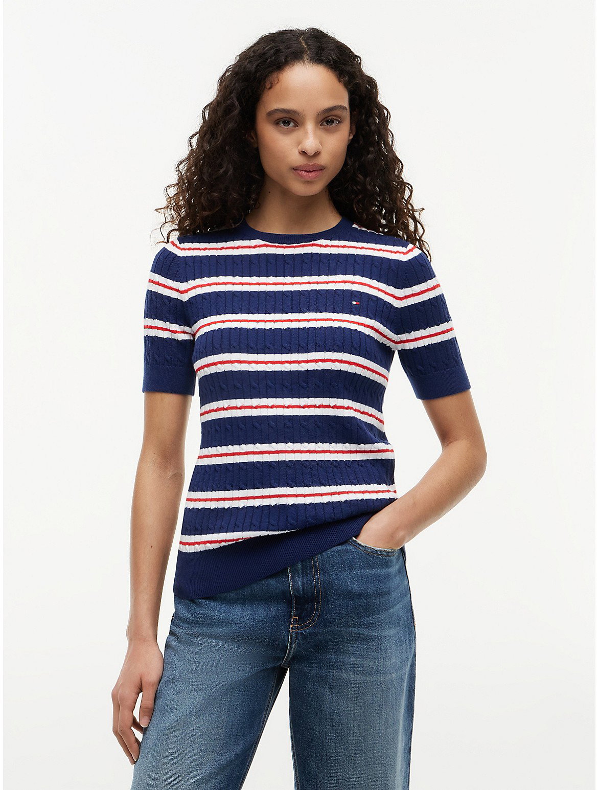 Image of Short-Sleeve Striped Cable Knit Sweater