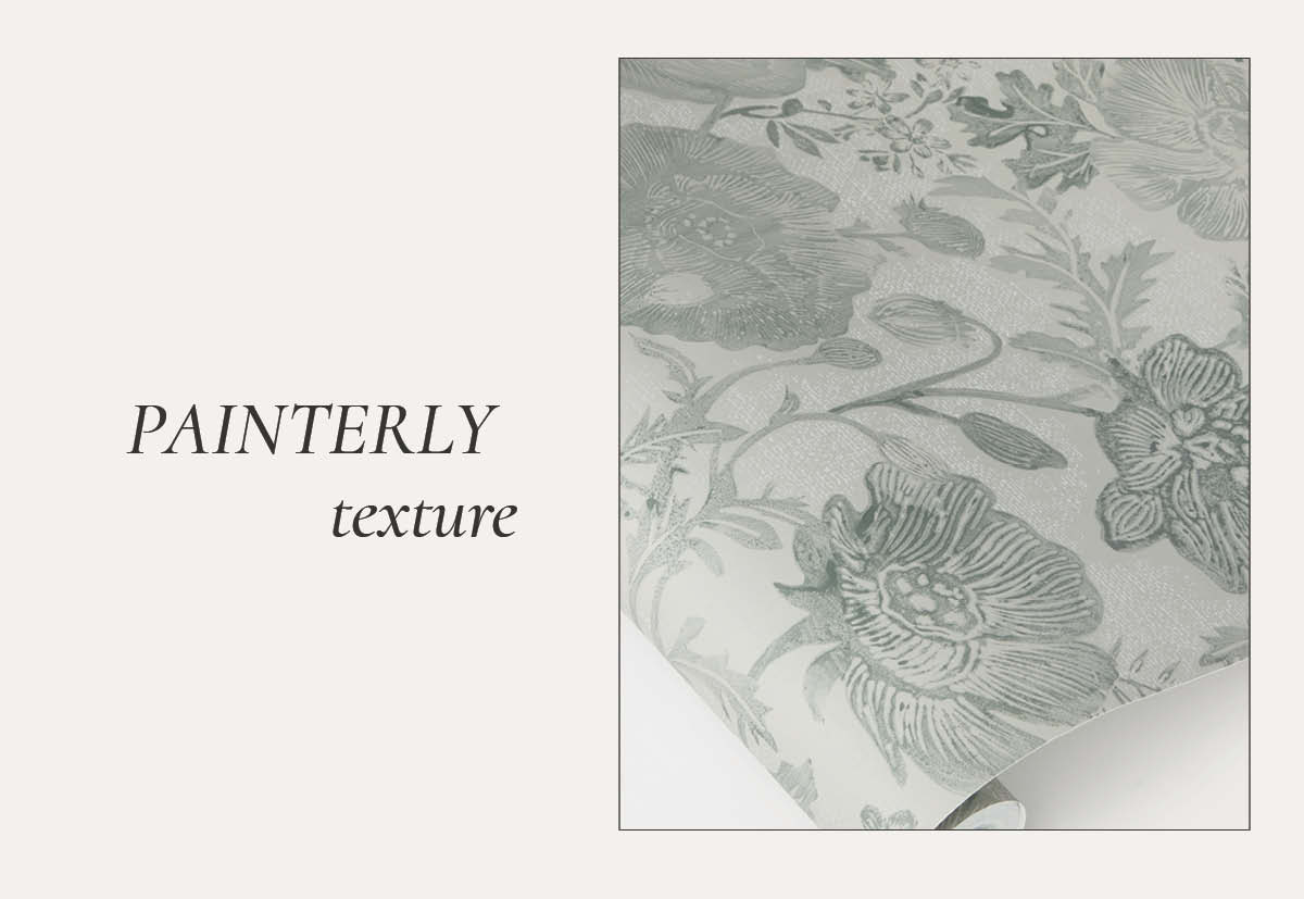 Image of a roll of Tempaper's Poppies wallpaper in moss green on a table. Text next to image "Painterly Texture"