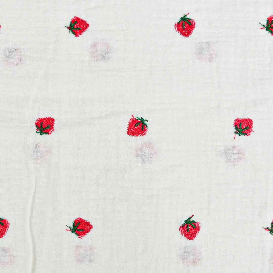 Embroidered Double Cotton Gauze Fabric Red on White