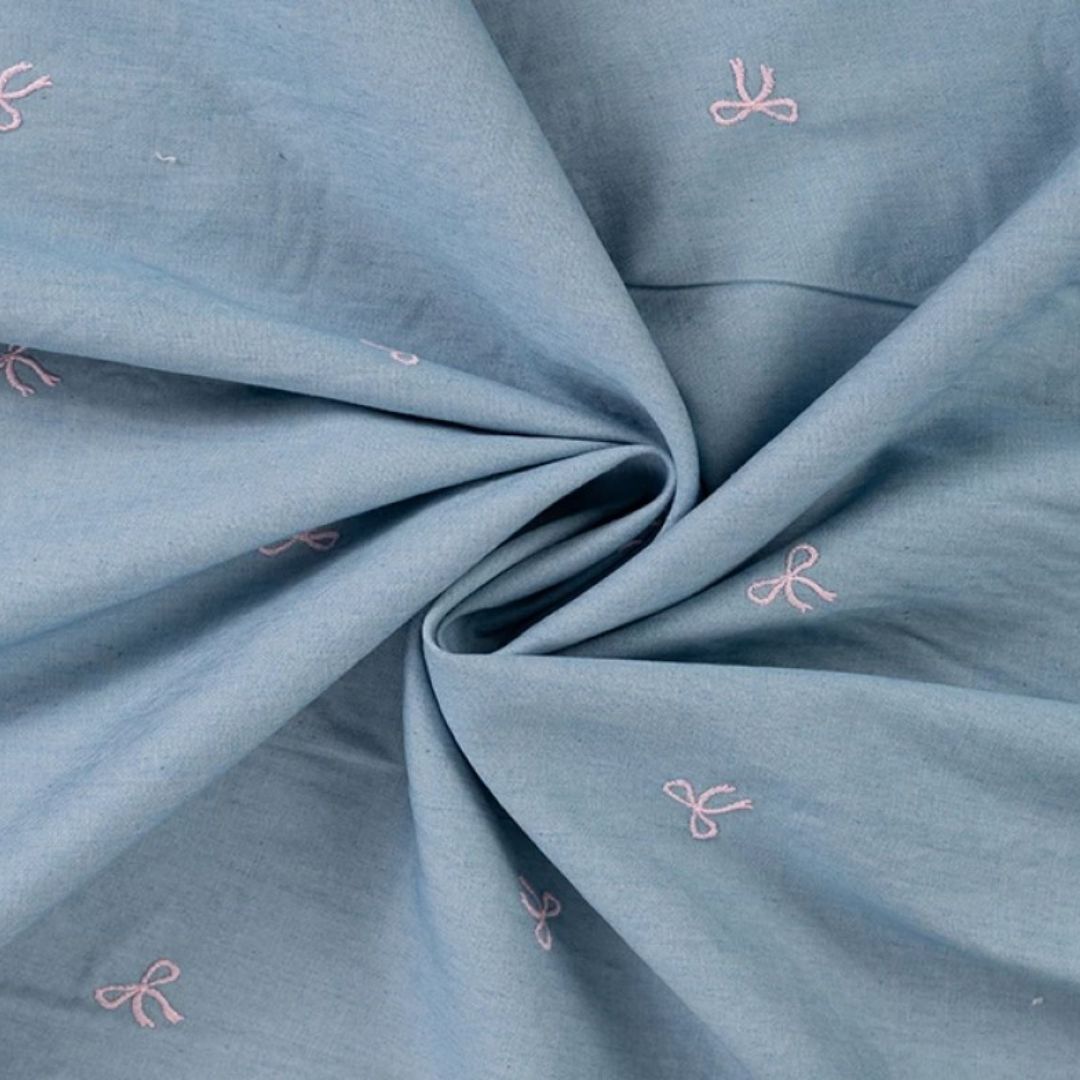 Deadstock Embroidered Cotton Denim Fabric Pink on Blue