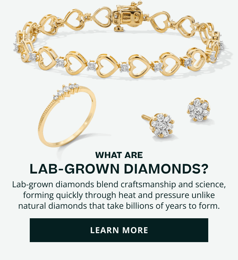 Heart bracelet with stones, diamond flower-studs & ring with diamond center. What are LGDs? Forms through heat & pressure. Click here to learn more