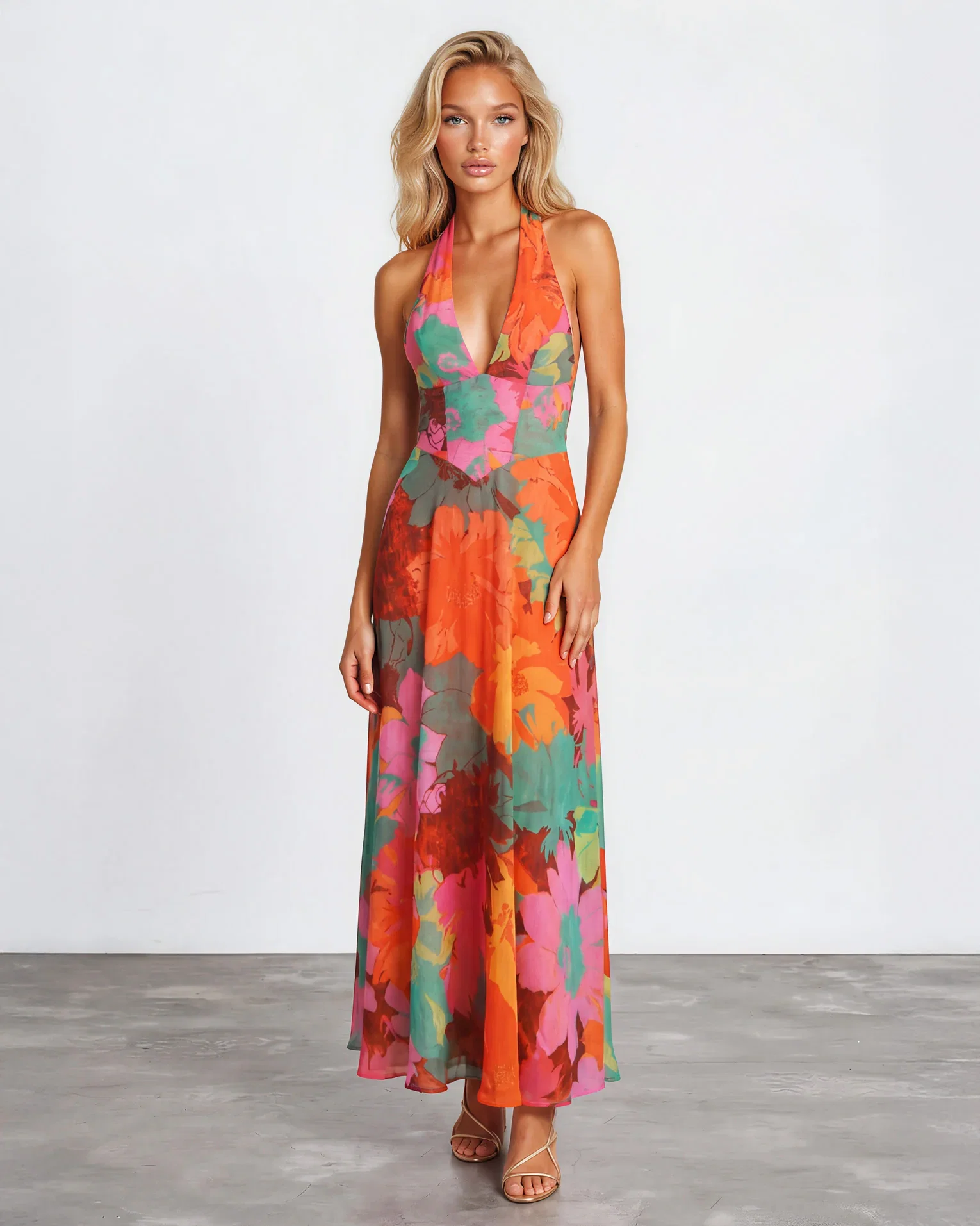 Image of Audrey Halterneck Maxi Dress - Orange Print