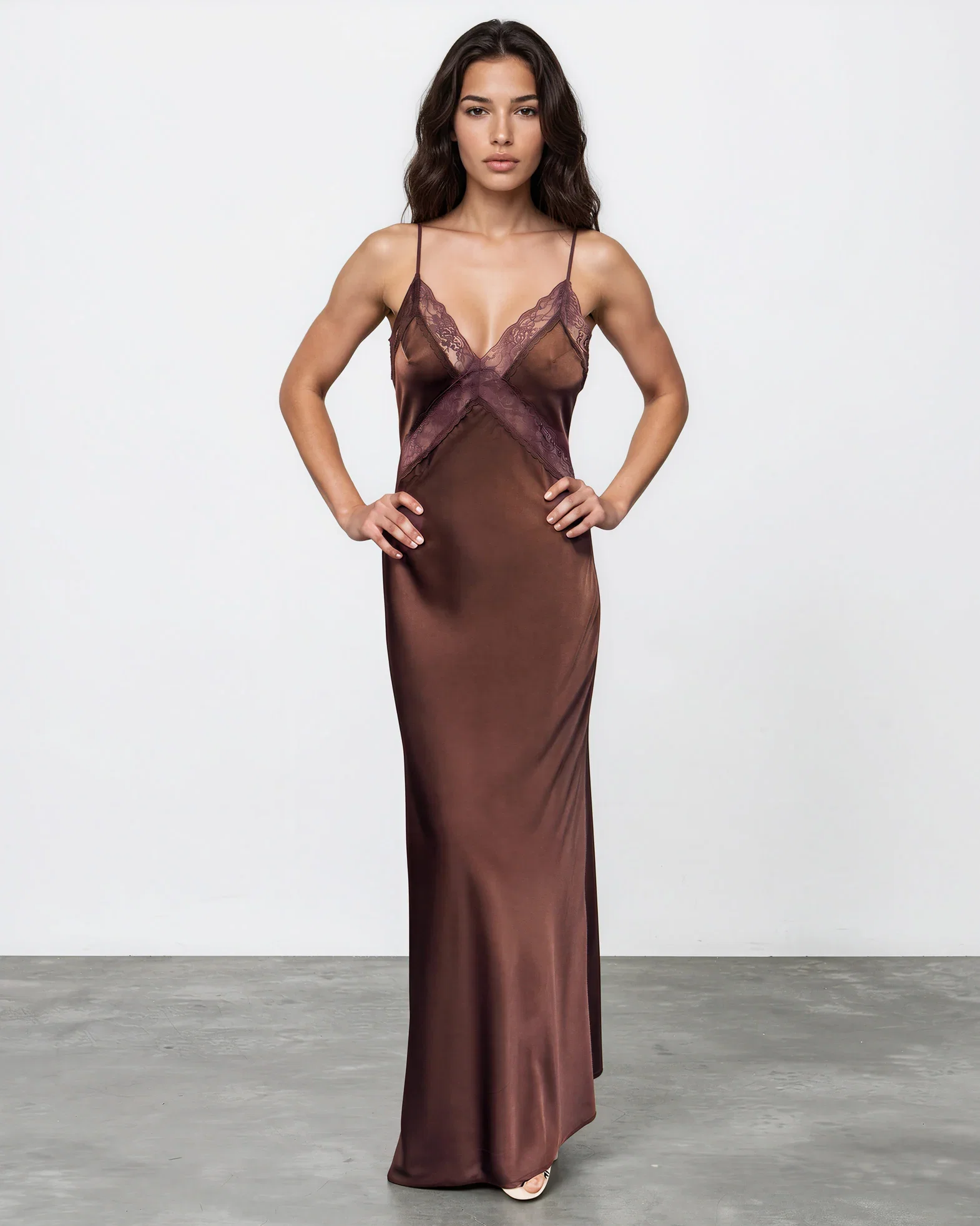 Image of Gloria Lace Satin Slip Maxi Dress - Chocolate