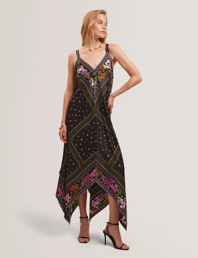 LARIIA Scarf Print Asymmetric Midi Slip Dress