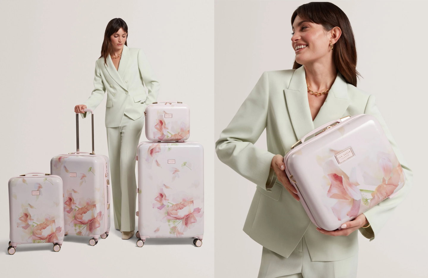 Hard shell suitcases, finished with a delicate pink floral print