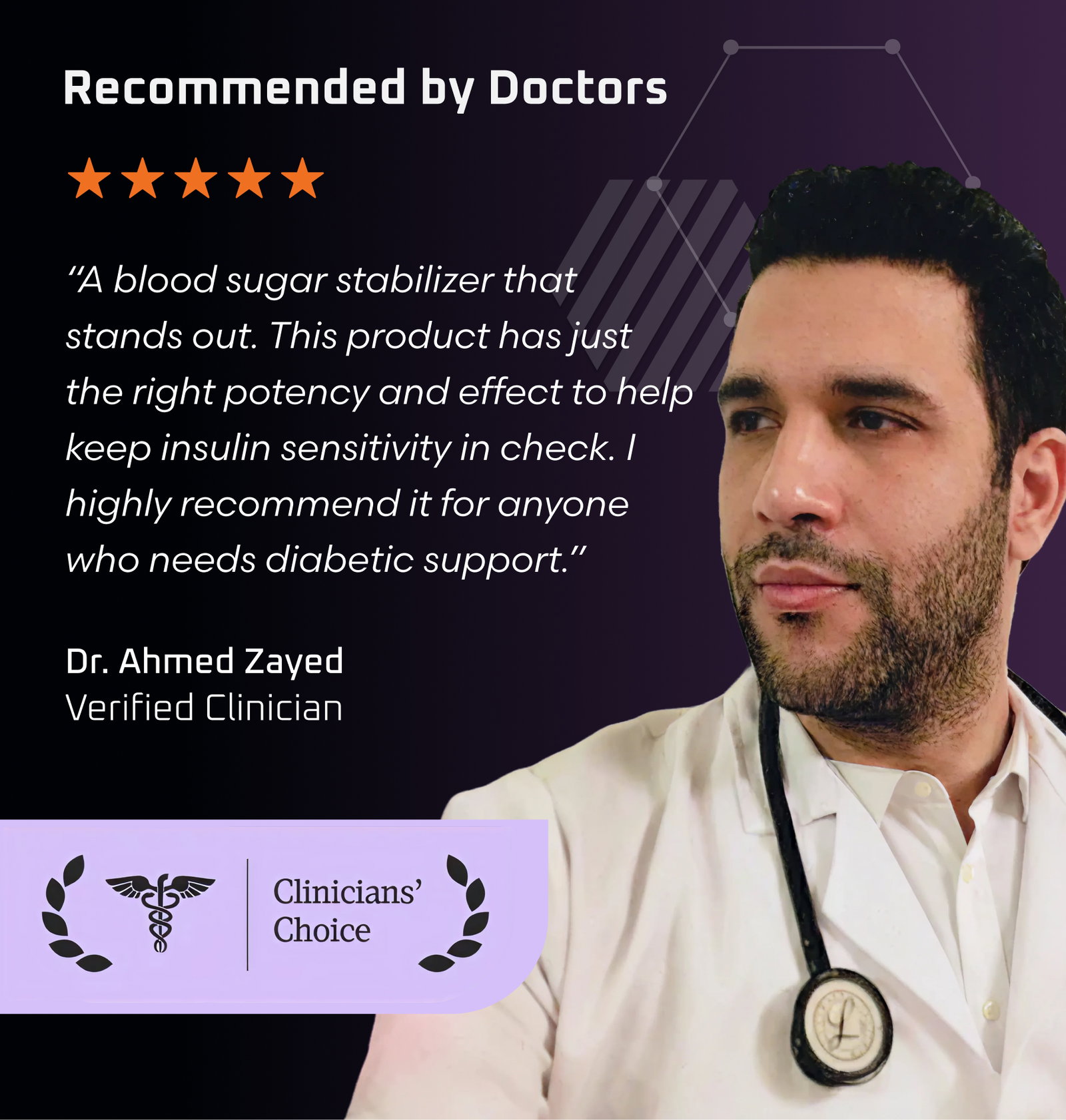 “A blood sugar stabilizer that stands out. This product has just the right potency and effect to help keep insulin sensitivity in check. I highly recommend it for anyone who needs diabetic support.” Dr. Ahmed Zayed - Verified Clinician