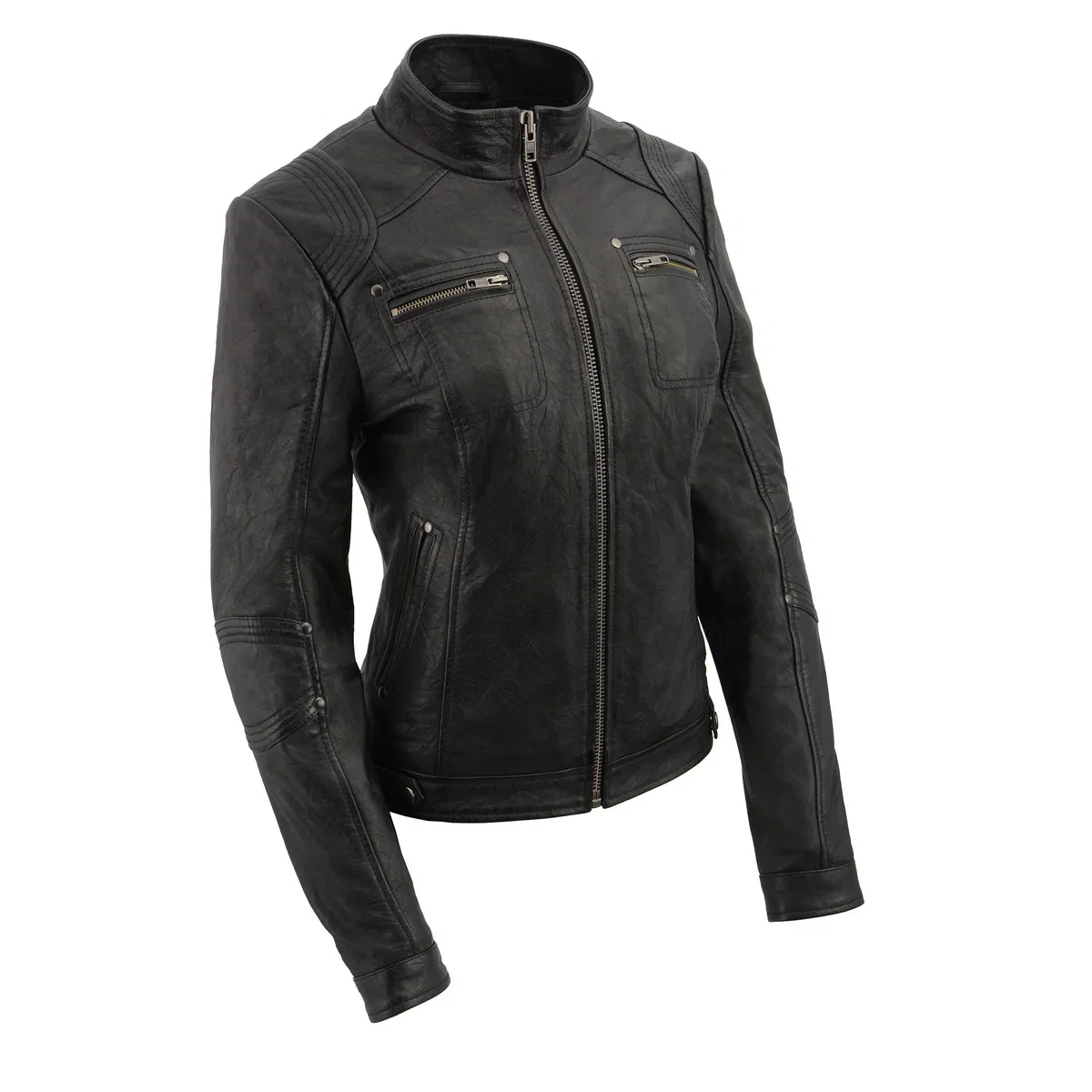 Image of Milwaukee Leather SFL2801 Women's Racer Black Stand Up Collar Motorcycle Fashion Leather Jacket