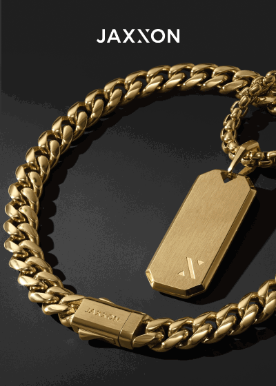 JAXXON Cuban link chain and dog tag pendant set crafted from gold.