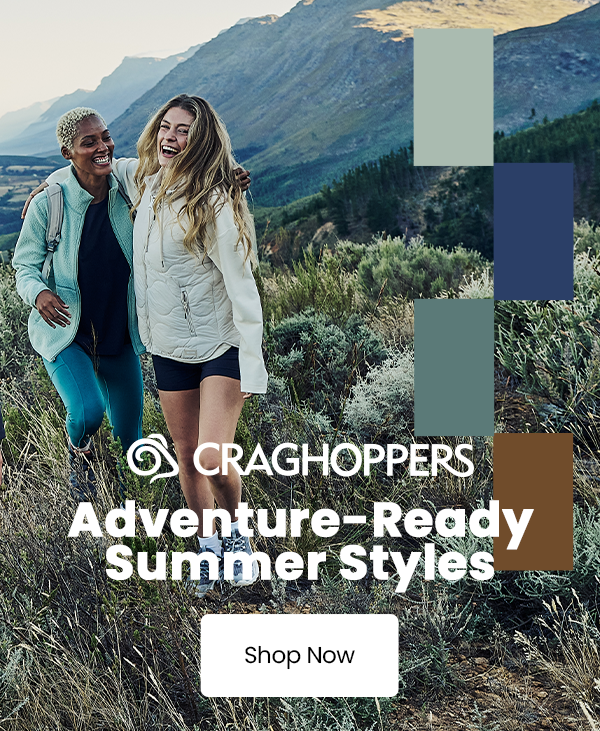 Craghoppers summer clothing campaign featuring three people in outdoor apparel against a scenic mountain landscape, with a “Shop Now” call to action.