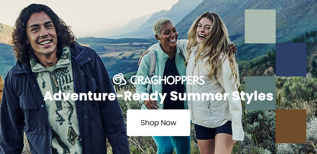 Craghoppers summer clothing campaign featuring three people in outdoor apparel against a scenic mountain landscape, with a “Shop Now” call to action.
